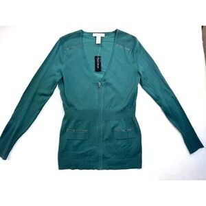 White House Black Market Cardigan‎ SML Ruched Waist Zip Front Green Teal V Neck